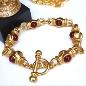 Matte Gold Byzantine Revival Garnet Cabochon Toggle Bracelet